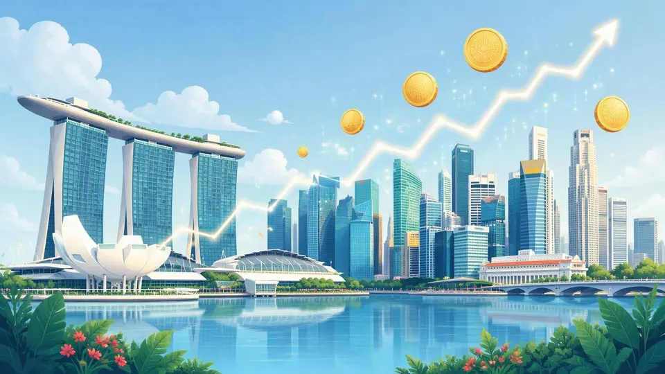 An illustration of Singapore's skyline with rising coins