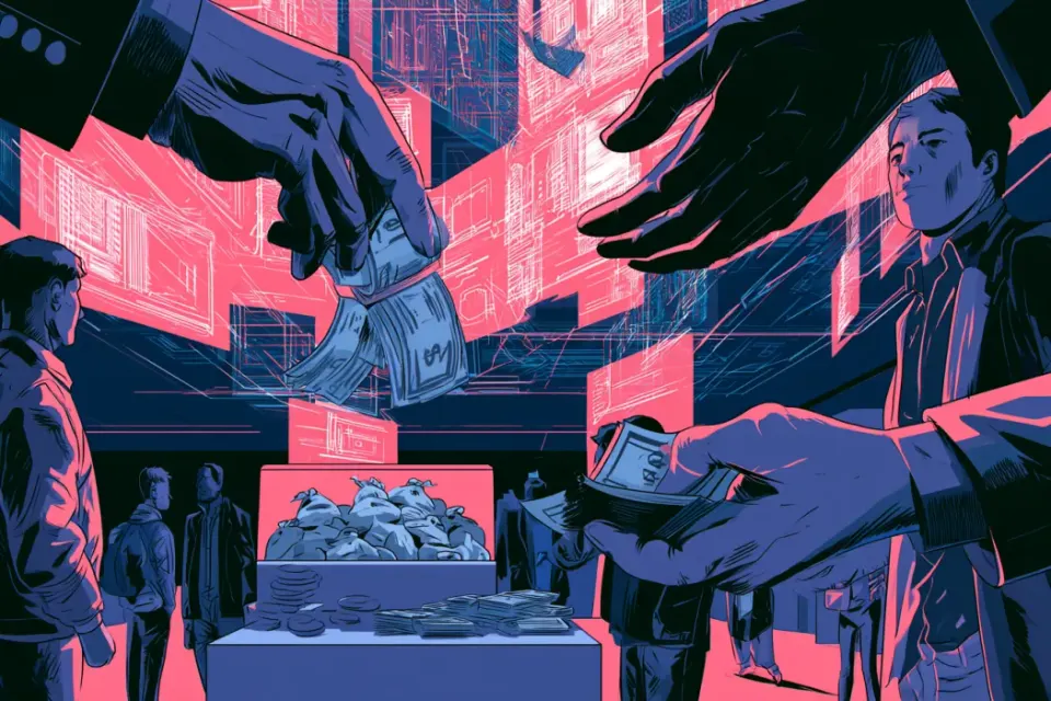 An illustration of hands passing cash and documents
