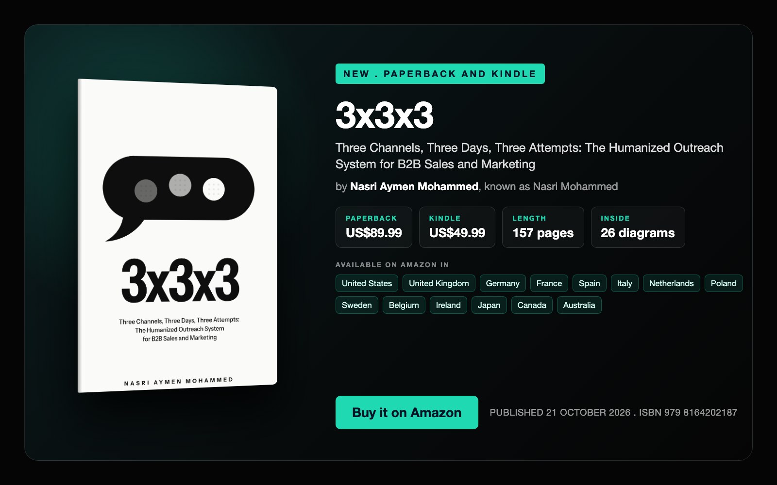 The 3x3x3 book card with prices, formats and Amazon stores